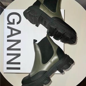 Ganni Olive and Black Chunky Chelsea Boots.